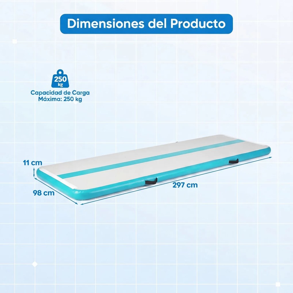 Colchão de ginástica insuflável com bomba elétrica 297 x 98 x 11 cm, saco de transporte e remendo de reparação portátil para fitness e ioga Turquesa