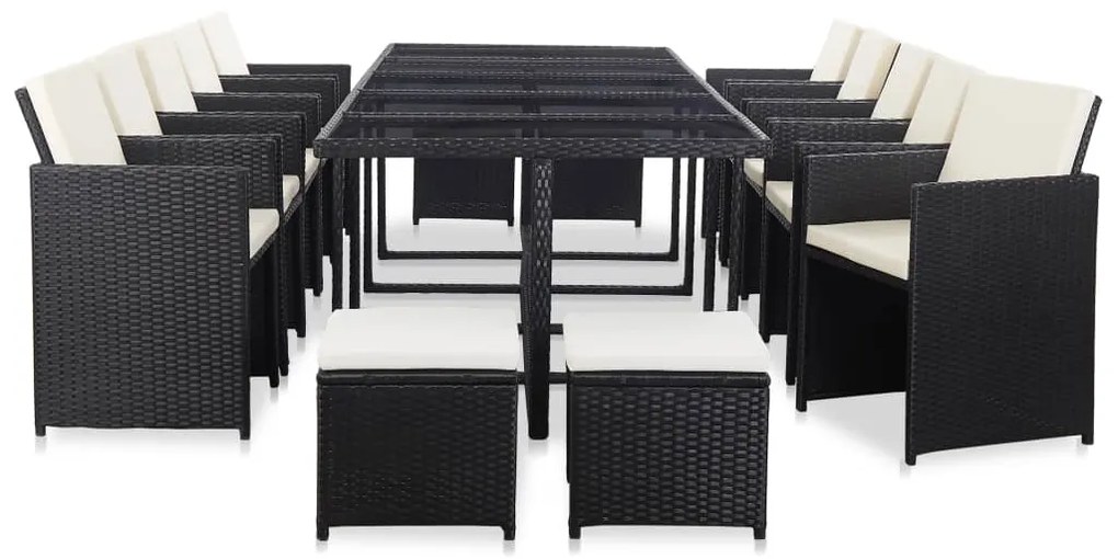 15 pcs conjunto jantar exterior com almofadões vime PE preto