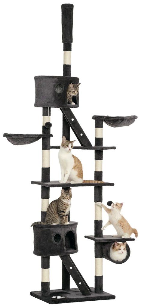 PawHut Árvore arranhador para Gatos com Altura Ajustável Plataformas Múltiplas Caverna Cestas e Escadas em Sisal Natural e Pelúcia 60x45x240-260 cm Cinza Escuro