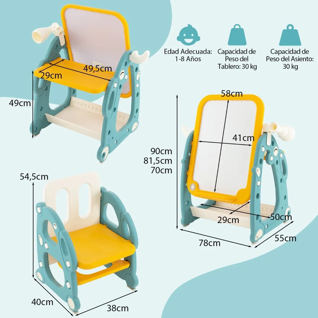 Conjunto de mesa e cadeira para crianças com quadro branco ajustável de 3 níveis Telescópio Telescópio Cesto de arrumação Marcadores Marcadores Anéis
