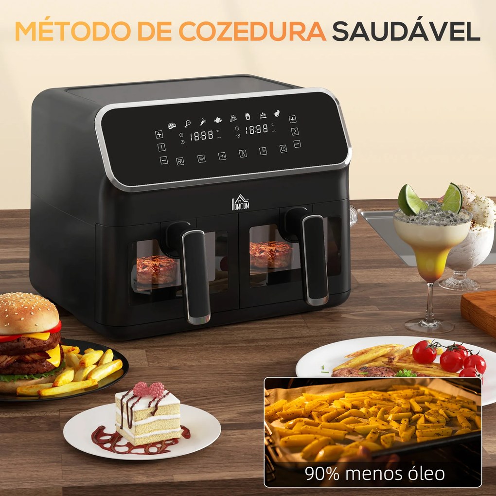 Fritadeira sem Óleo de 8L e 2700W com 2 Cestos Independentes 8 Programas Pré-configurados Ecrã LED Tátil 39x38,5x31 cm Preto