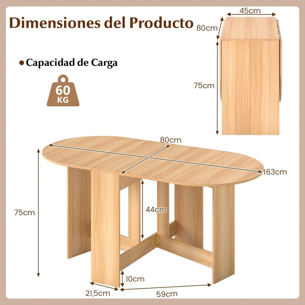 Mesa de jantar extensível em madeira 80x163x75 cm com 2 abas e bordas arredondadas  dobrável para cozinha, varanda ou jardim Natural