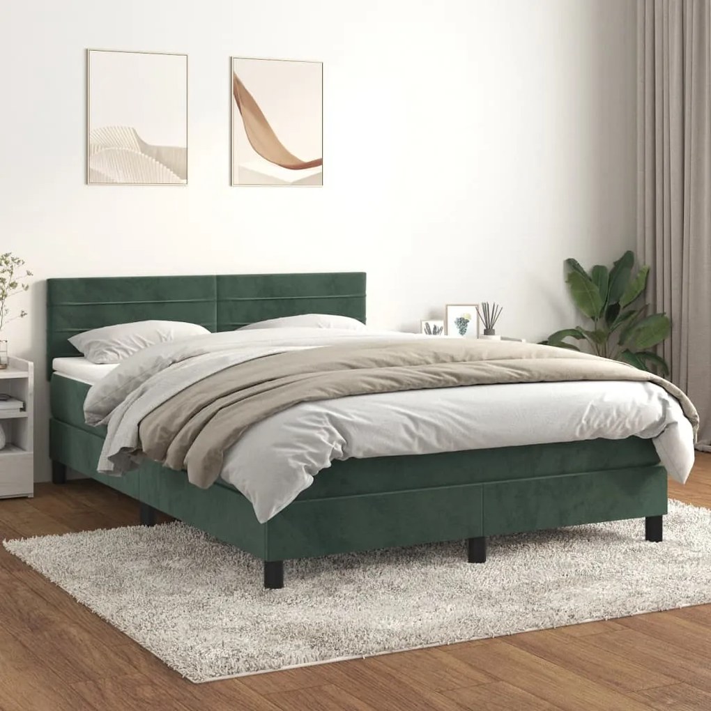 Cama com molas/colchão 140x190 cm veludo verde-escuro