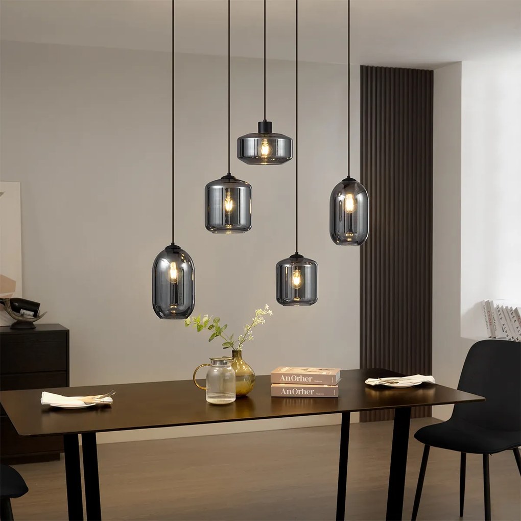 Candeeiro suspenso moderno preto com vidro fumado 5-luzes - Sheena