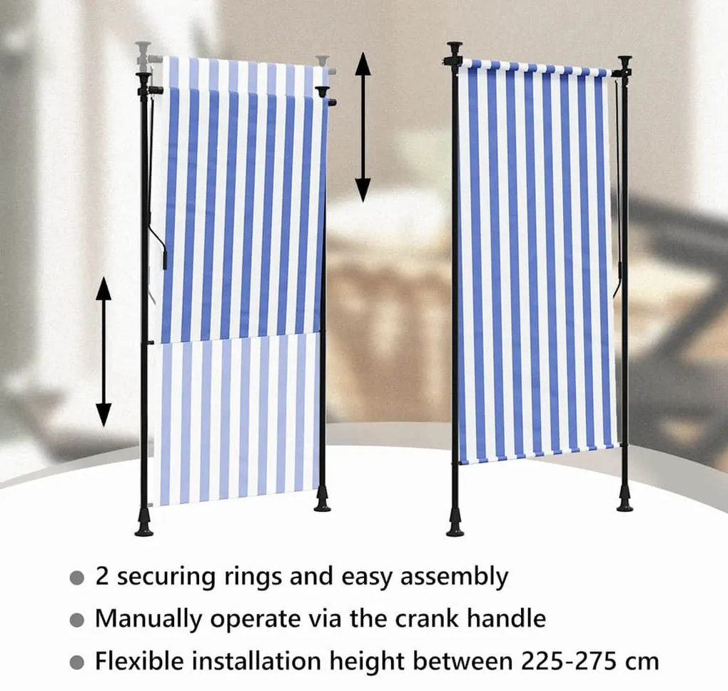 Estore de rolo para exterior 120x270cm tecido/aço azul e branco