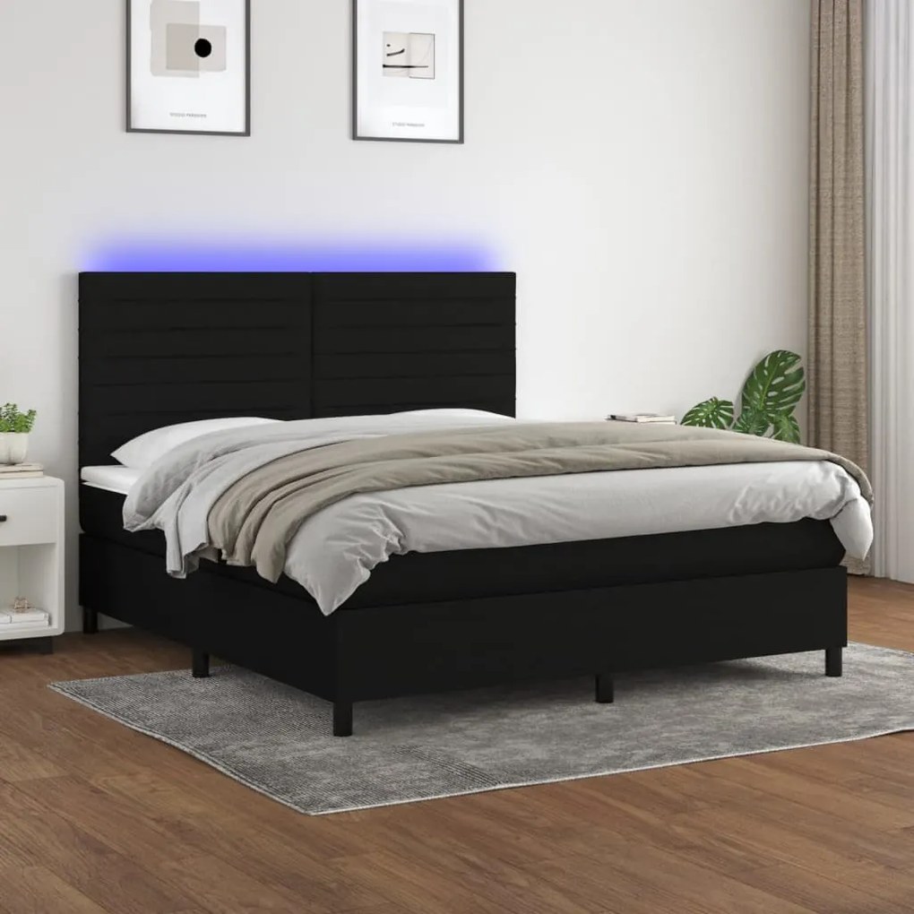 Cama box spring c/ colchão e LED 160x200 cm tecido preto