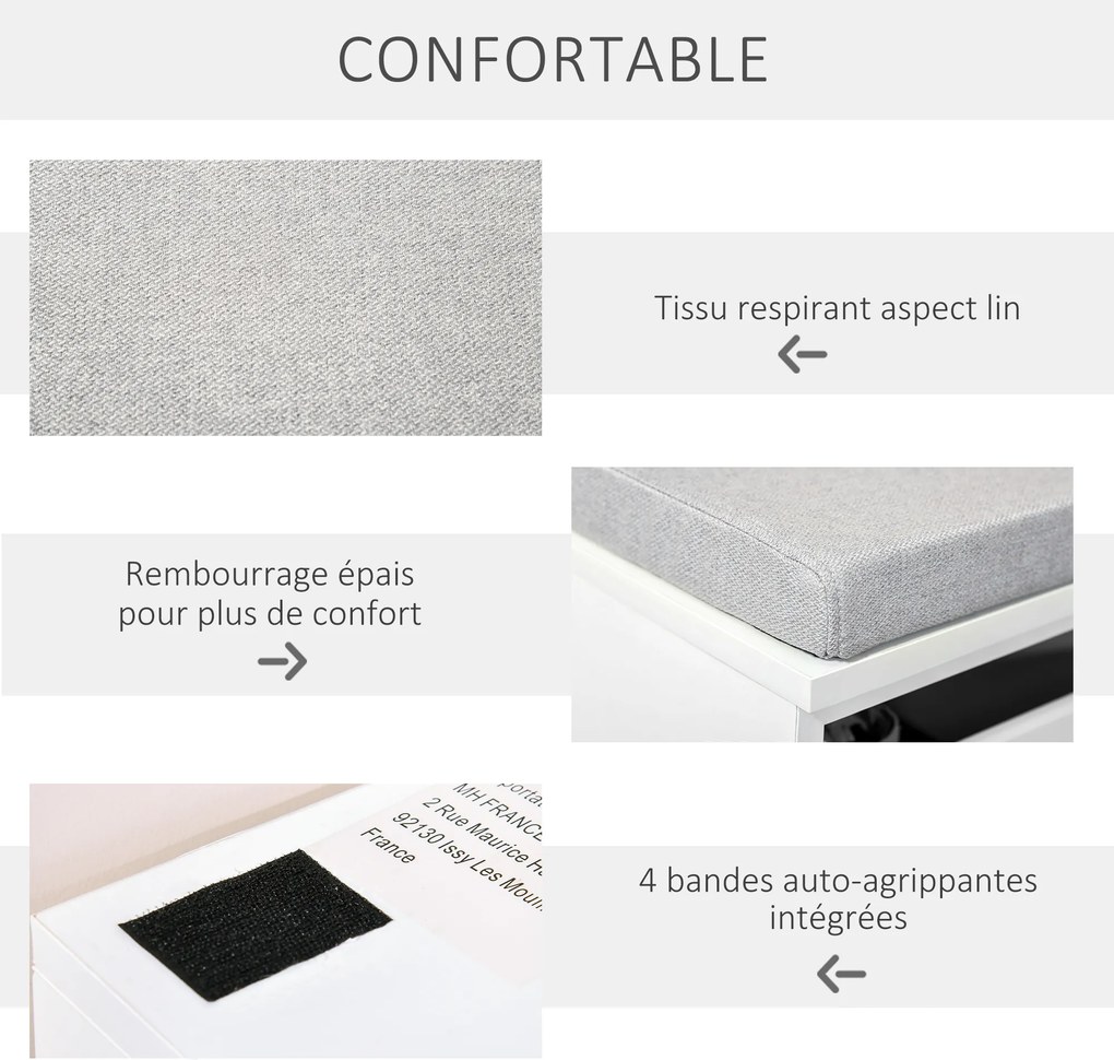 Banco de arrumação com almofada cinzenta 69 x 32 x 40 cm Móvel para sapatos - Banco para sapatos com gaveta grande de dois compartimentos branco