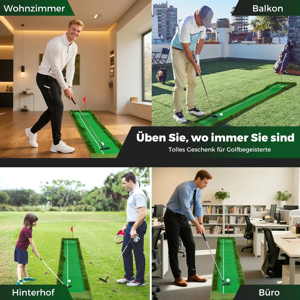 Tapete de golfe de 300 cm, tapete de treino de golfe com 3 bolas de golfe e 2 tamanhos de buracos, dobrável Verde