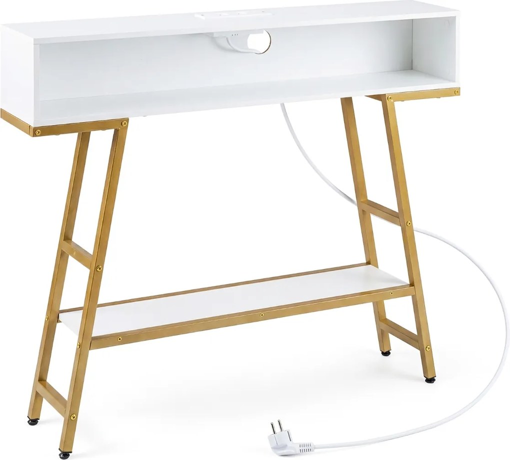 Mesa consola com luz LED e base de carregamento 100 x 20 x 86,5 cm, 3 níveis, com compartimento e prateleira, para corredor, entrada ou sala de estar,