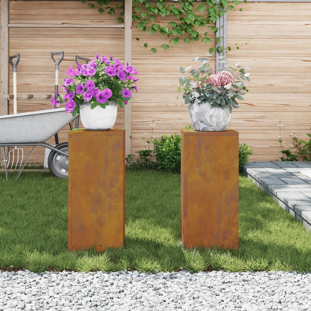 vidaXL Suportes de Plantas Externos Pilar 2 pcs 24x24x55 cm Aço em Tempo de Chuva