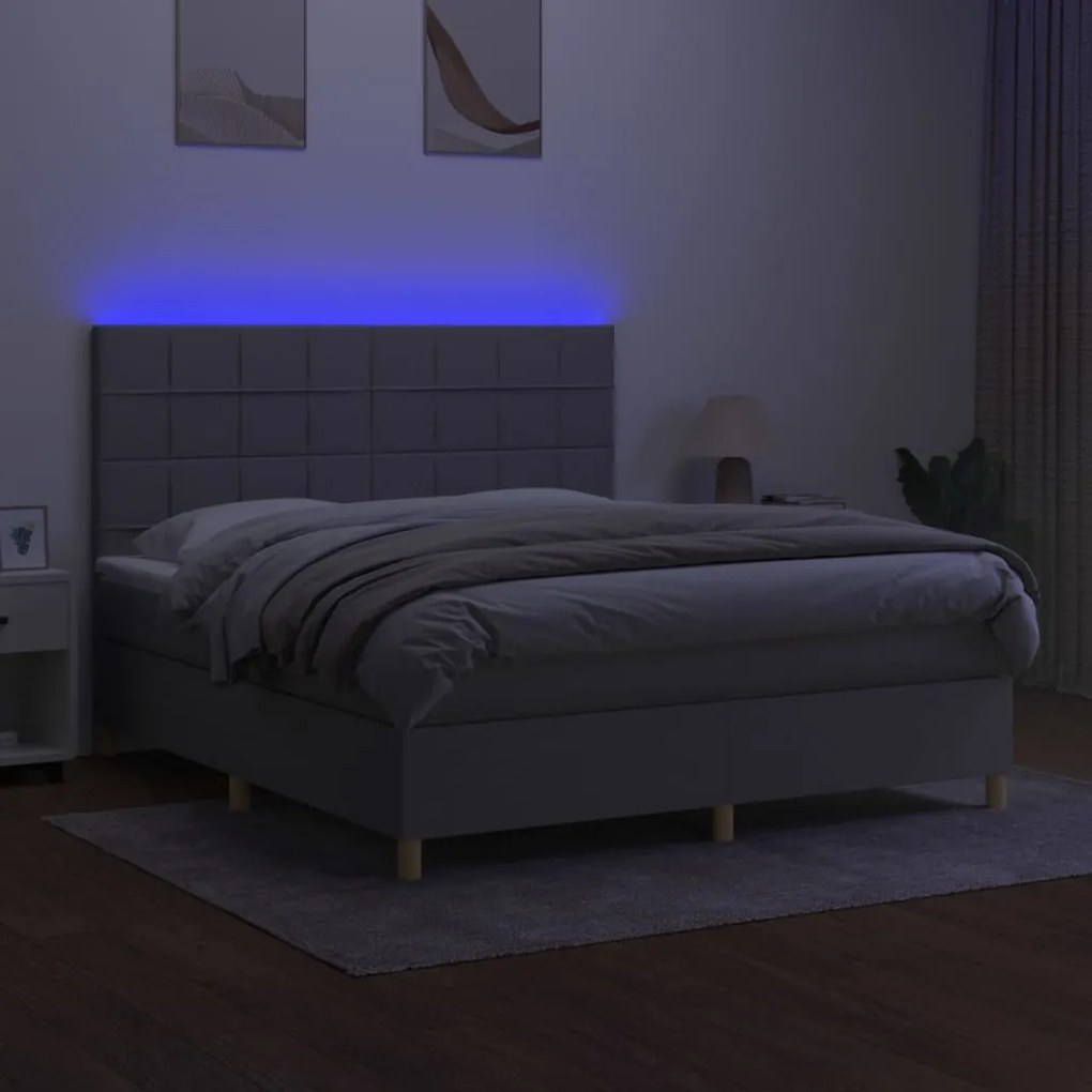 Cama box spring c/ colchão e LED 180x200 cm tecido cinza-claro