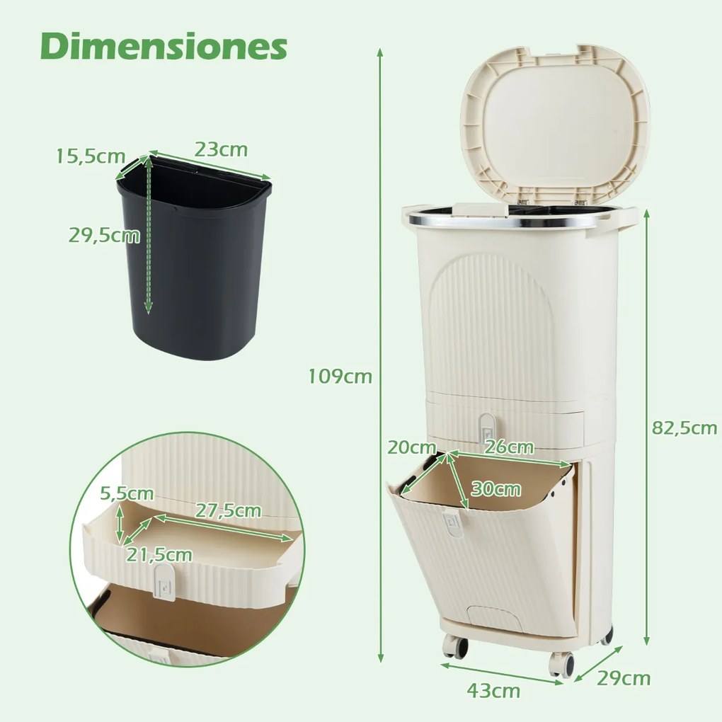 Caixote do lixo de 42 L com 2 baldes removíveis, gaveta com pedal e rodas para sala, cozinha e casa de banho, bege