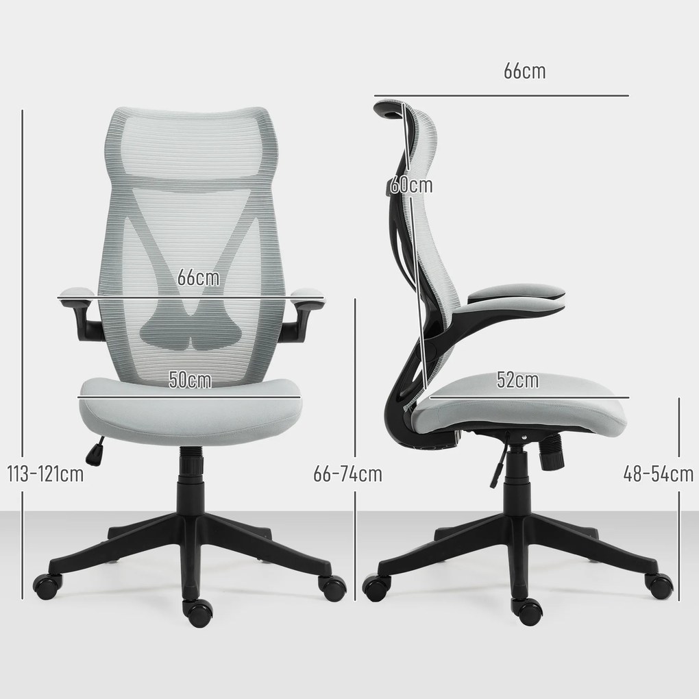 Cadeira de Escritório Giratória com Altura Ajustável Apoio para os Braços Dobráveis e Função Basculante 66x66x113-121 cm Cinza