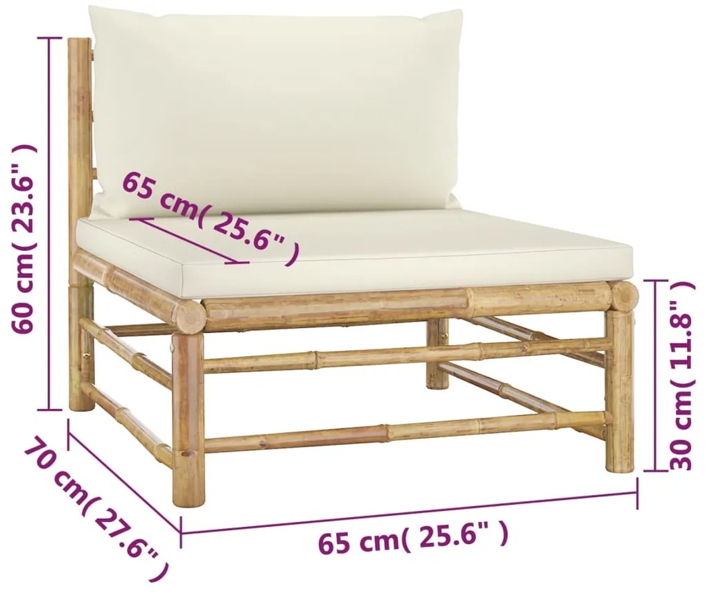 4 pcs conj. lounge p/ jardim em bambu c/ almofadões branco nata