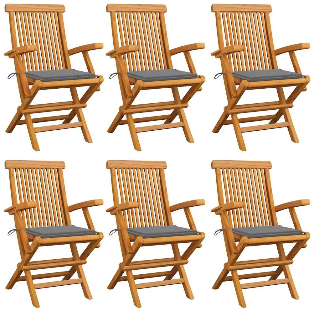 Cadeiras de jardim c/ almofadões cinzentos 6 pcs teca maciça