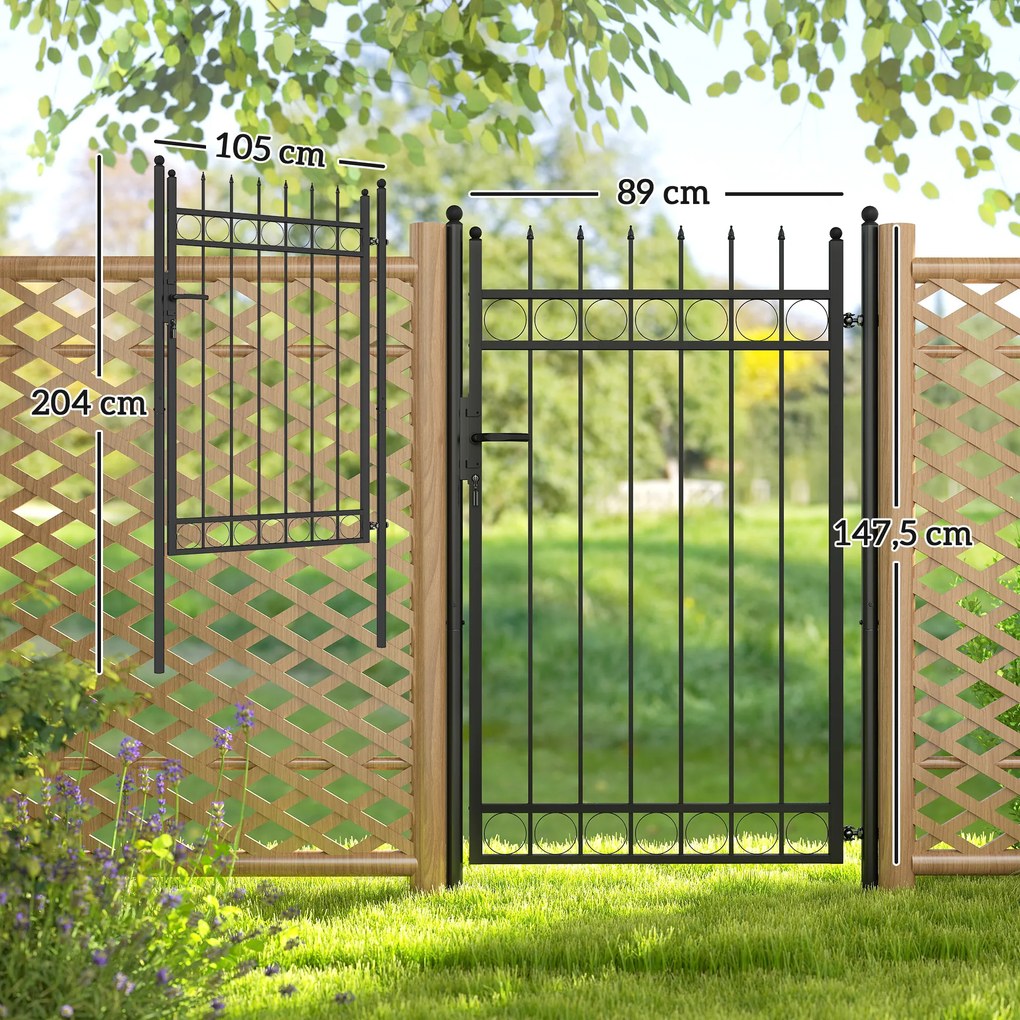 Portão de Jardim 89x147,5 cm Porta para Vedação de Barra de Aço Galvanizado com Puxador Fechadura e 3 Chaves Preto