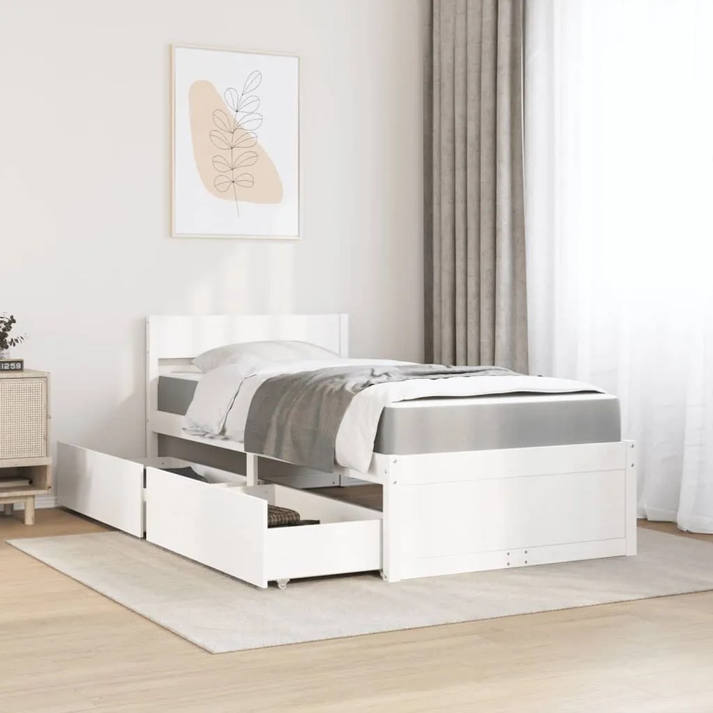 Cama com gavetas e colchão 90x200 cm pinho maciço branco