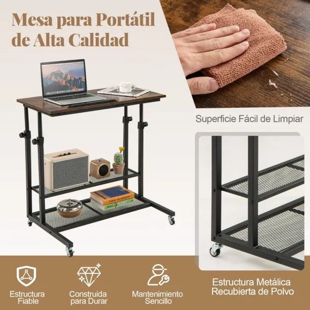 Secretária 80 x 50 x 64,5-89 cm ajustável em altura com tampo inclinável portátil com rodas Castanha