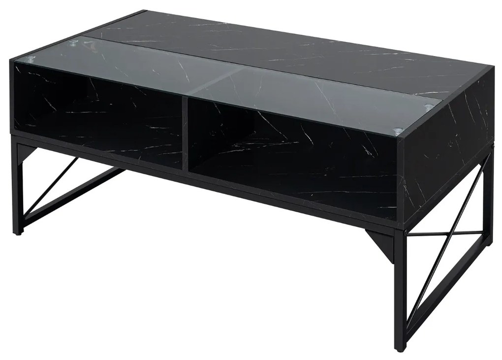 Mesa de centro com luzes LED de alto brilho com tampo de mármore sintético e tampo de vidro temperado com 4 cubos Preto