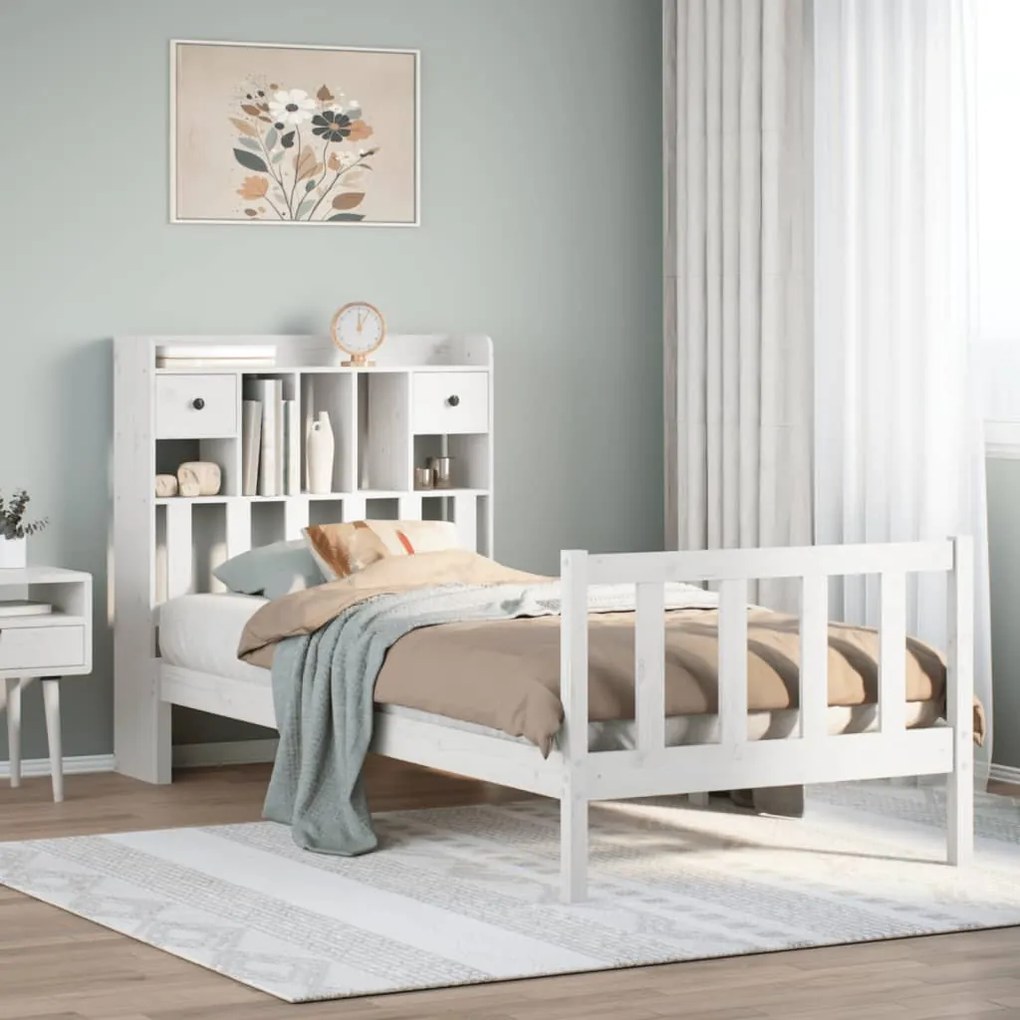 vidaXL Cama com estante sem colchão 75x190 cm pinho maciço branco