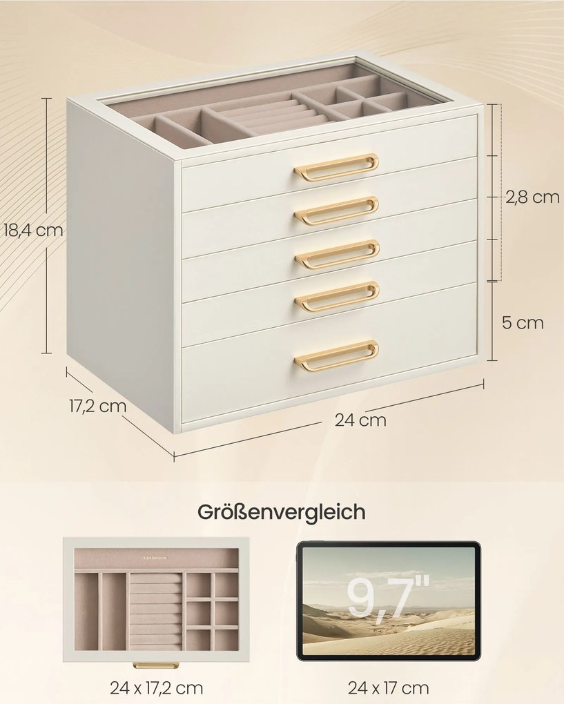 Caixa para joias em MDF 24 x 17,2 x 18,4 cm com tampa de vidro e cinco compartimentos, Branco creme