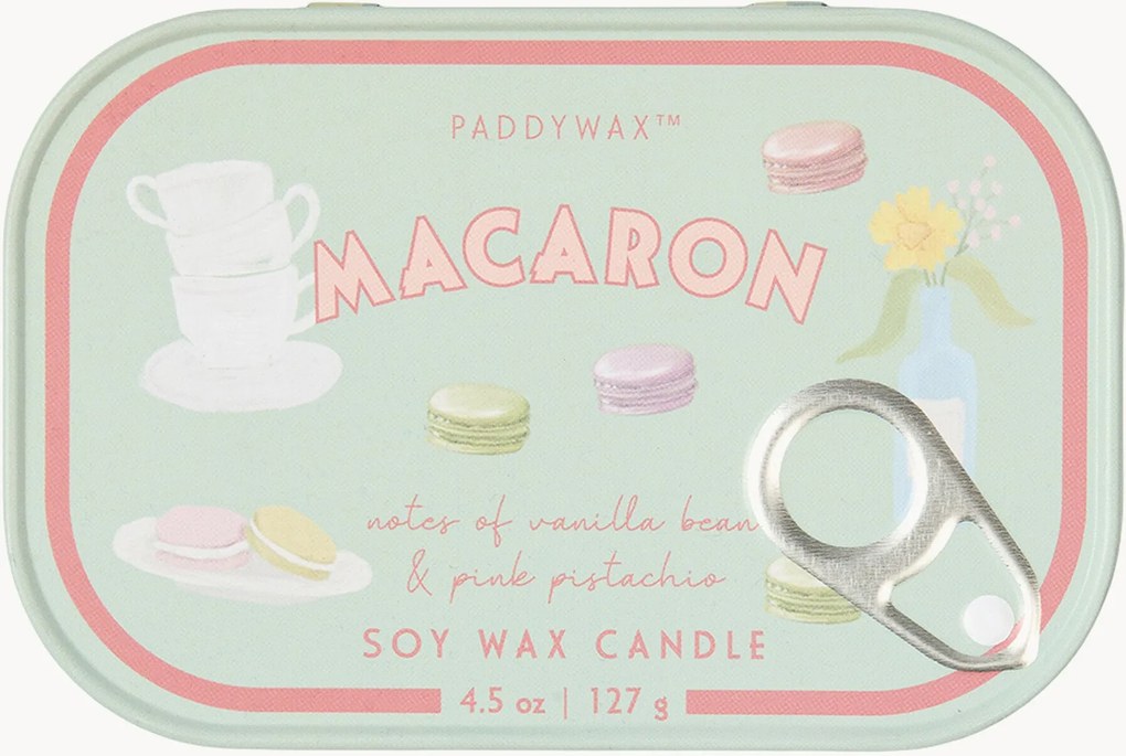 Vela perfumada em lata estampada Macaron (âmbar, pistácio)
