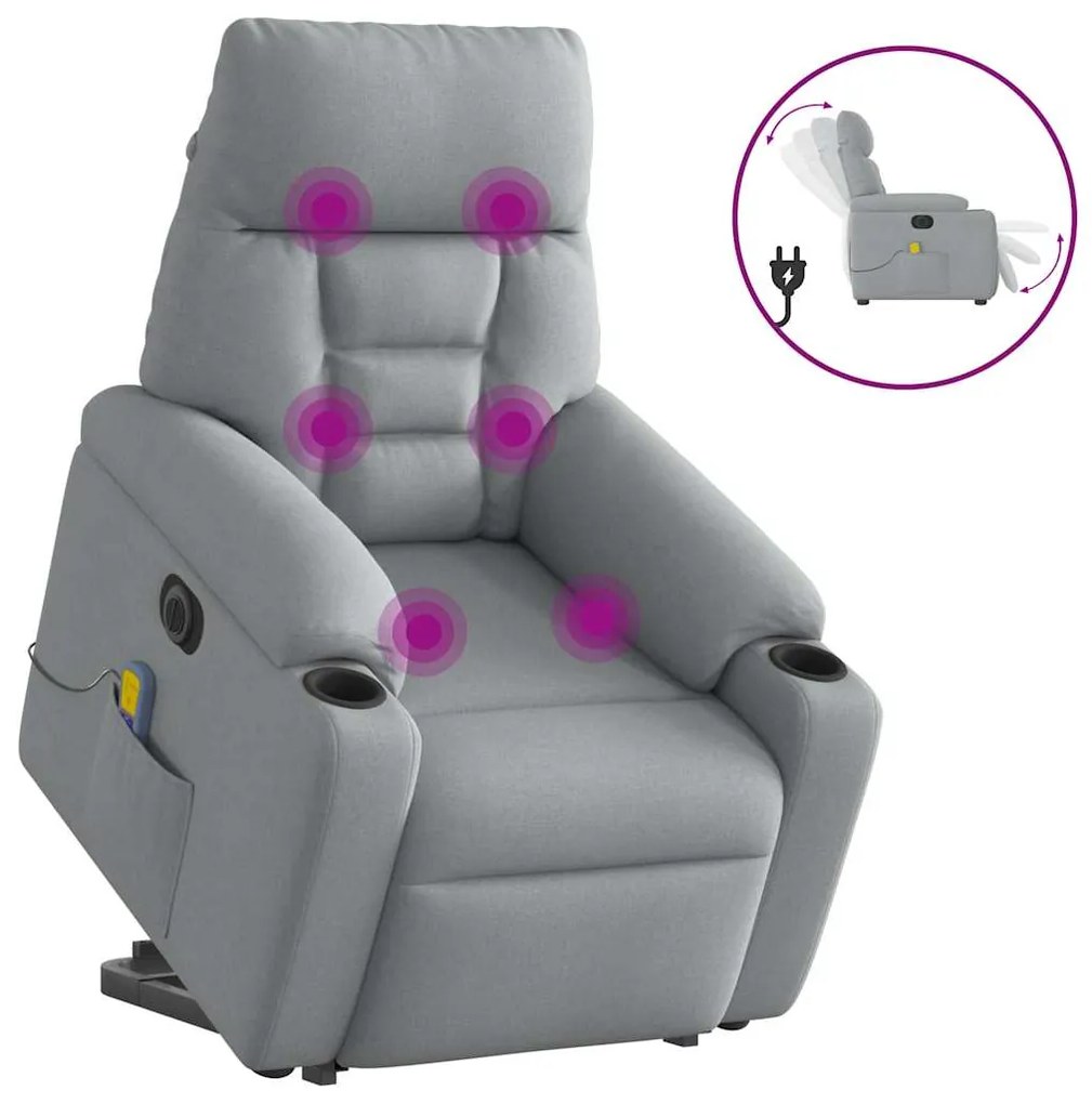 vidaXL Poltrona elétrica reclinável massagens tecido cinzento-claro