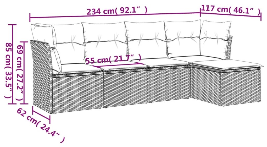 5 pcs conjunto sofás de jardim c/ almofadões vime PE cinzento