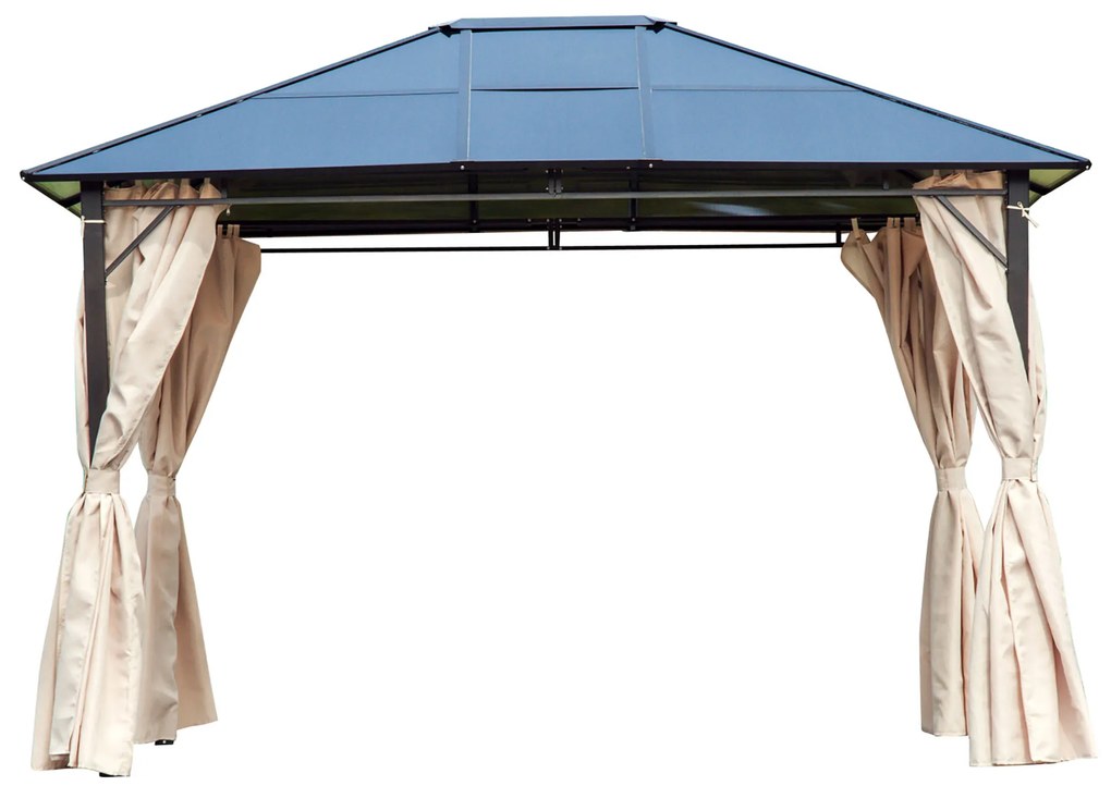 Gazebo de jardim 3,65x3 m Pavilhão de aço com telhado de policarbonato de 6 mm Proteção UV 50+ e 4 cortinas laterais Bege