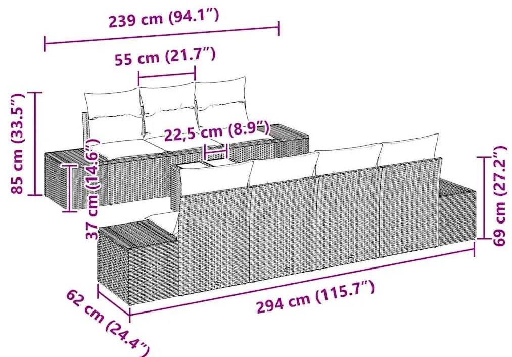 Conjunto de Sofá de Jardim com 8 peças e almofadas pretas em rattan si