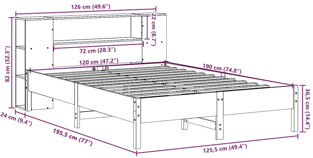 Cama com estante sem colchão 120x190 cm pinho maciço branco