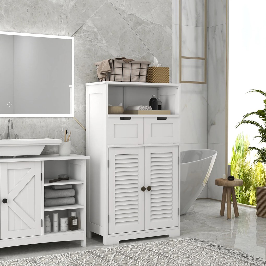 Móvel de casa de banho com 2 portas 61 x 30,5 x 109,5 cm, prateleira ajustável e 2 gavetas, compartimentos abertos, branco