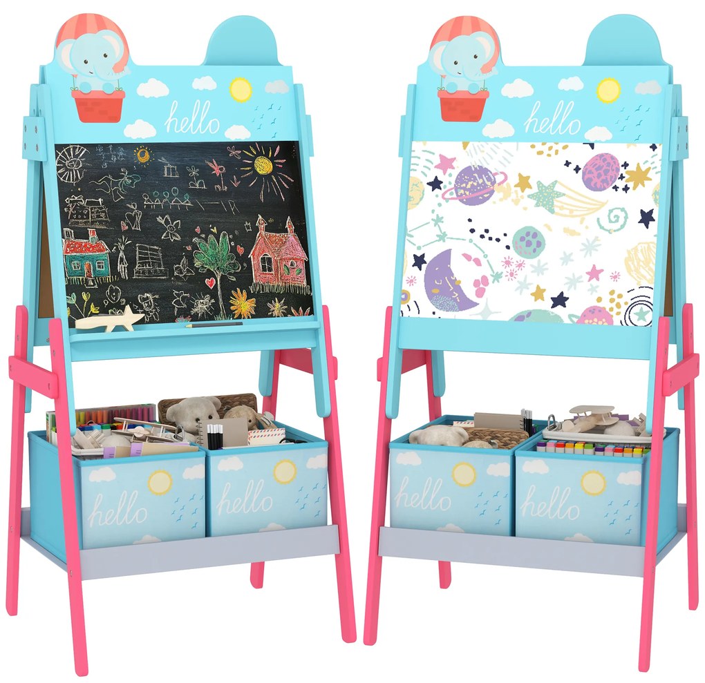 AIYAPLAY Cavalete para Crianças 2 em 1 Arsósia Infantil com Dupla Face 2 Caixas de Arrumação com Estampa em Animais 49x53,5x113 cm Azul | Aosom Portugal