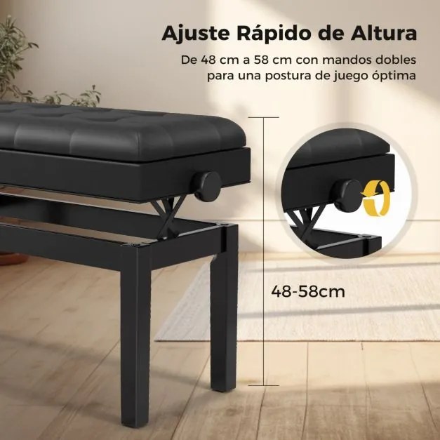Banco para piano ajustável com arrumação Banco duplo de madeira com almofada para teclado almofadada em PU Preto
