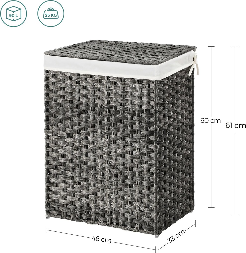 Cesto da roupa suja 45,5 x 32 x 61 cm em Polyrattan, 90 L, cinzento