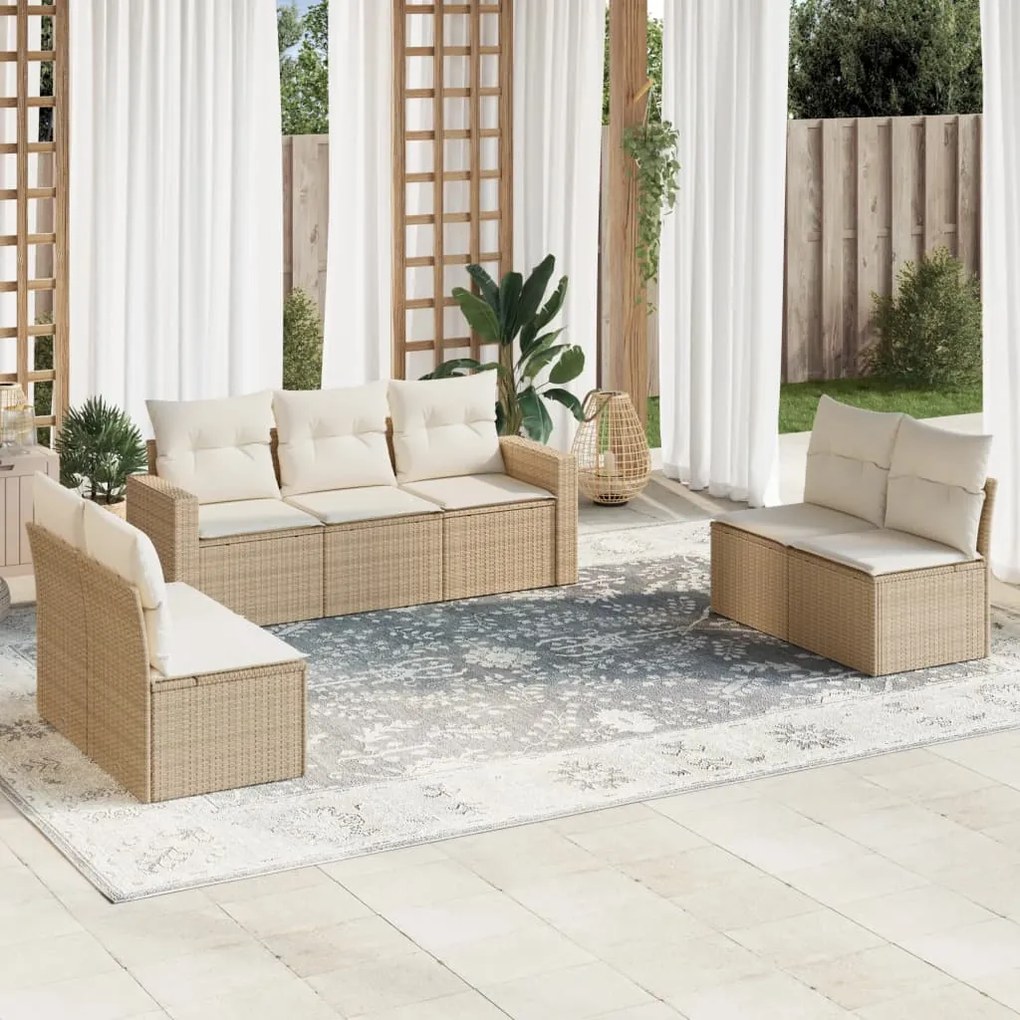 vidaXL 7 pcs conjunto de sofás p/ jardim com almofadões vime PE bege