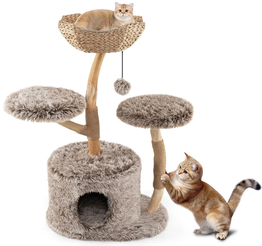 Arranhador para gatos 60 x 105 cm com tronco de pereira sólido com plataforma de galhos com postes para arranhar em sisal natural