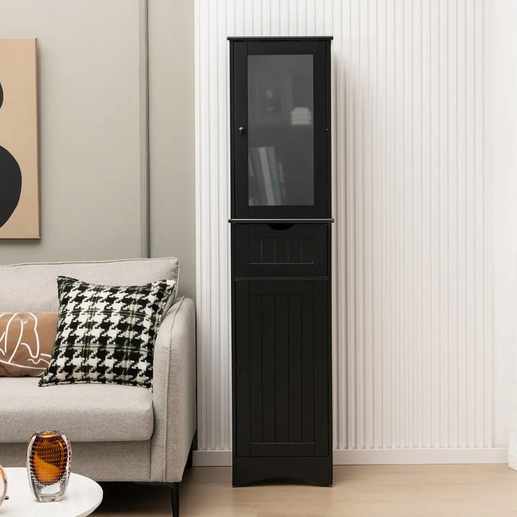 Armário Alto de Casa de Banho, 40 x 30 x 170 cm, Prateleiras Ajustáveis, Preto