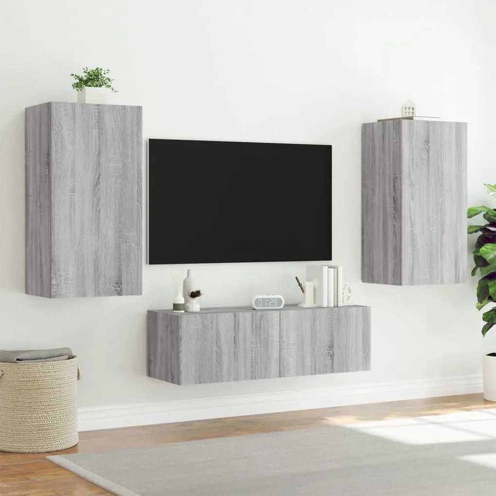 3 pcs móveis de parede para TV com luzes LED cinzento sonoma