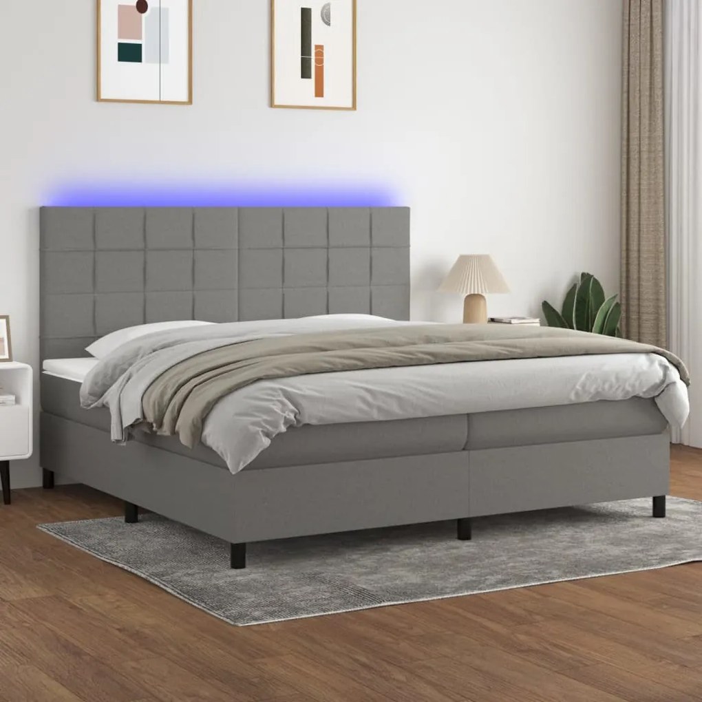 Cama box spring c/ colchão e LED 200x200 cm tecido cinza-escuro