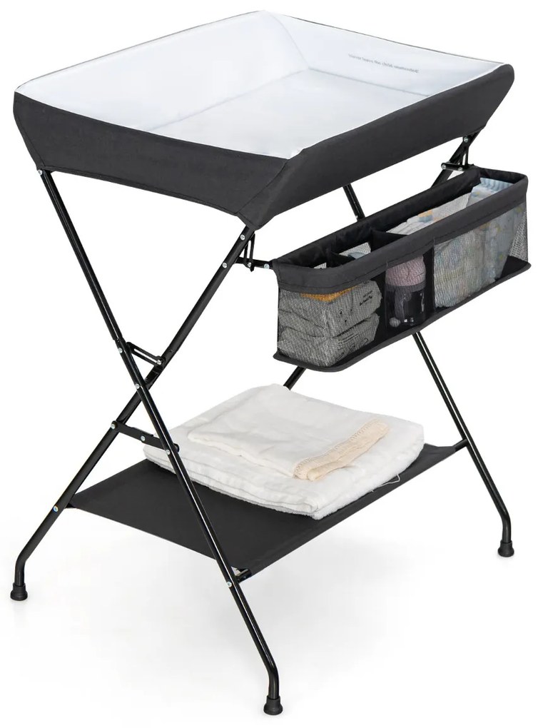 Trocador de fraldas dobrável portátil com 3 compartimentos cesto de fraldas prateleira para bebês 80 x 63 x 103 cm Preto