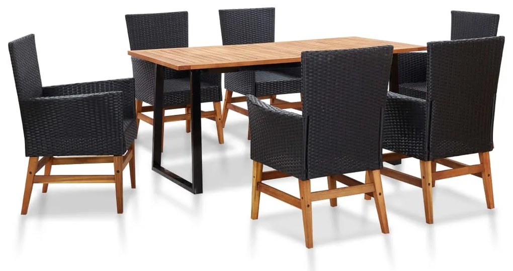 vidaXL 7 pcs conjunto jantar exterior vime PE e madeira acácia preto