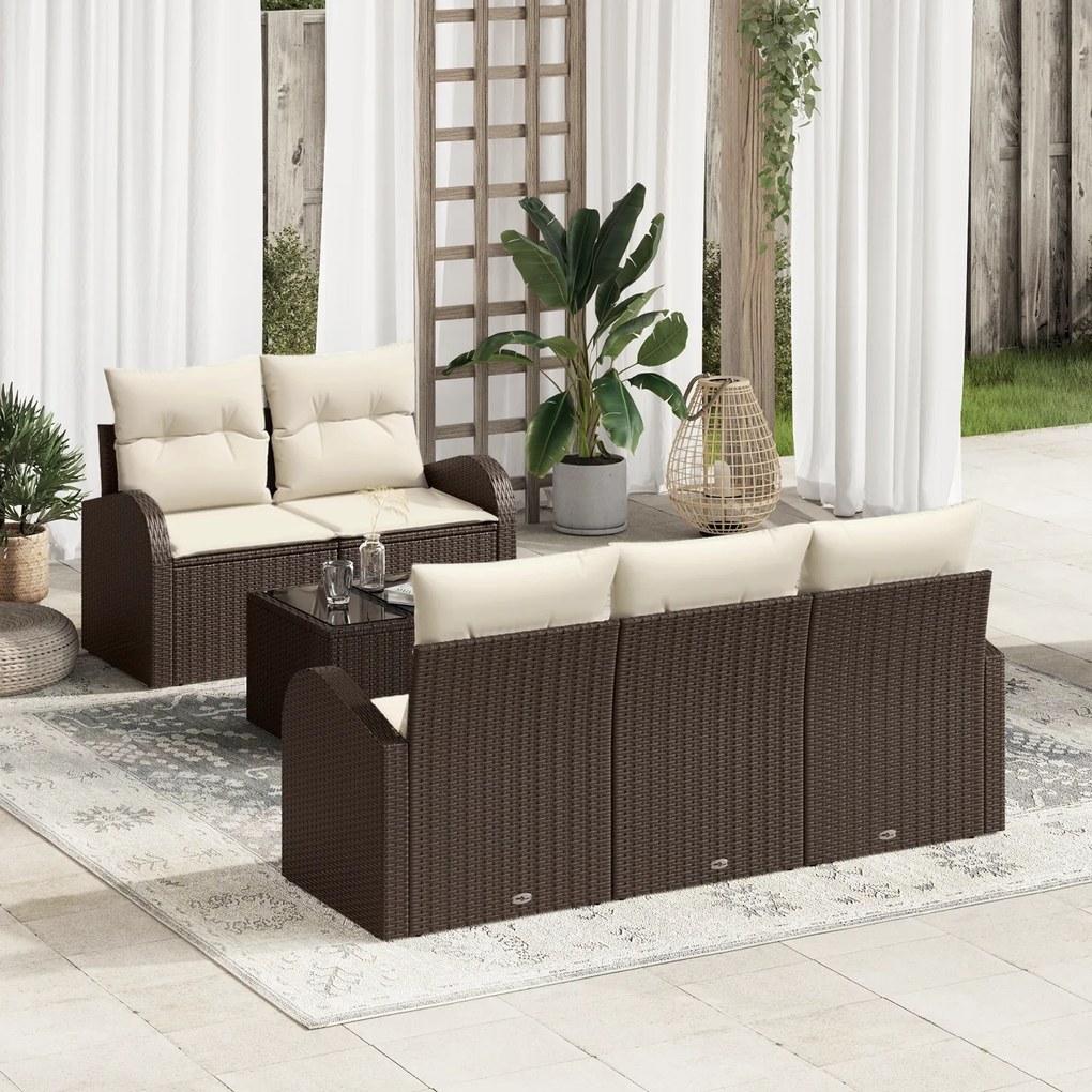 vidaXL Conjunto de Sofá de Jardim de 6 Peças com Almofadas Castanho Vime Sintético