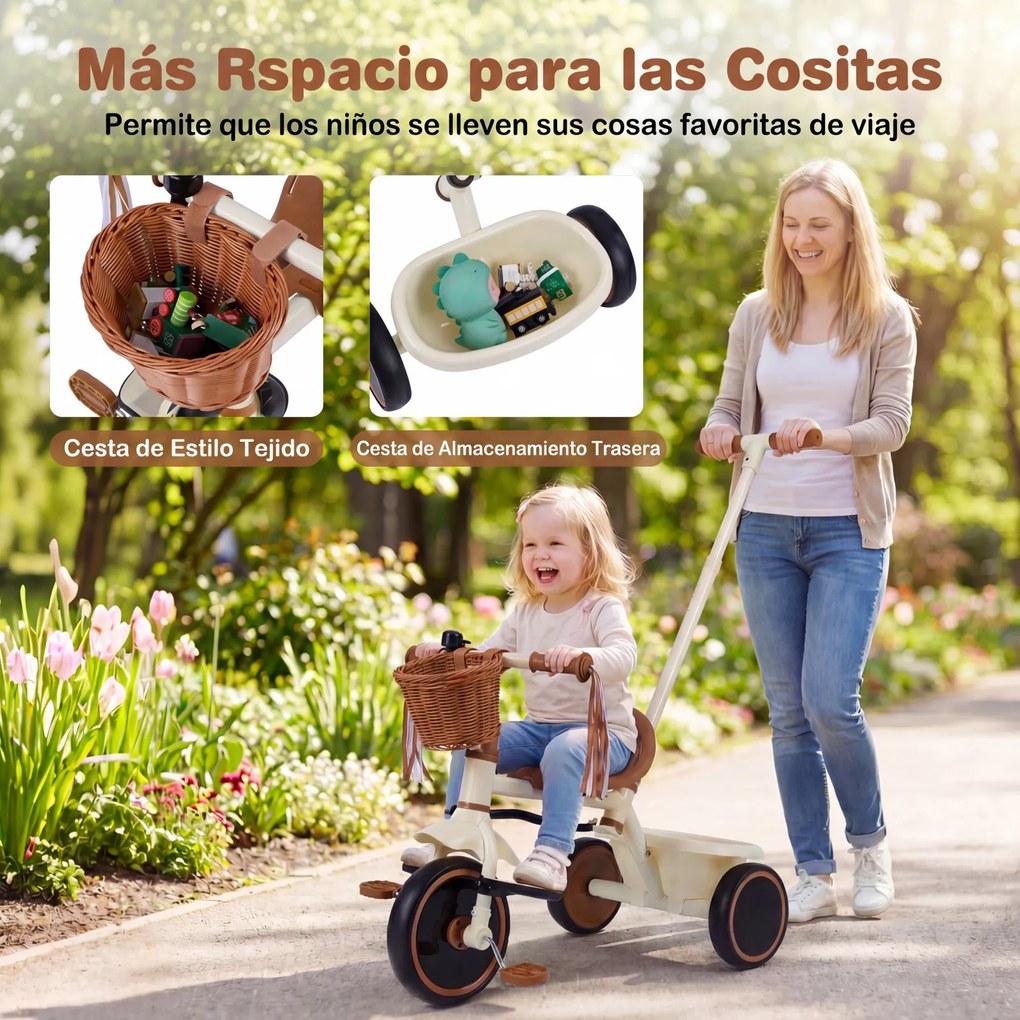 Triciclo Infantil Evolutivo, 94 x 43 x 90-96,5 cm, Pega de Empurrar Regulável em 4 Alturas, Branco