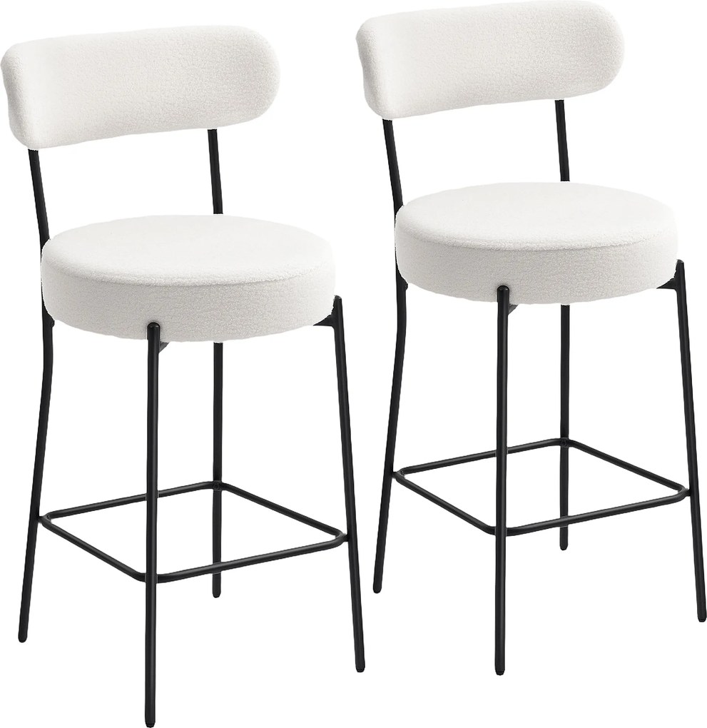 Conjunto de 2 bancos de bar em tecido felpudo, bancos de bar com encosto curvo e apoio para os pés, 49 x 52 x 95 cm, creme