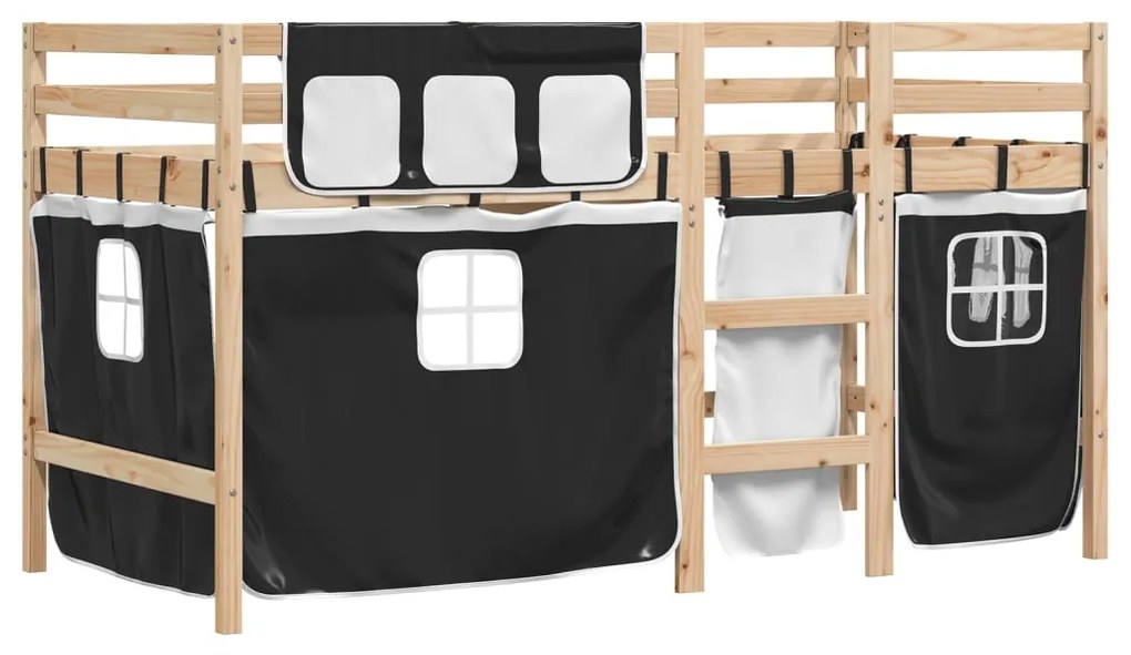 Cama alta criança c/ cortina 90x190cm pinho maciço branco/preto