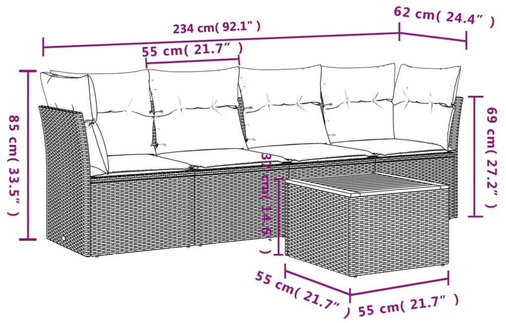 5 pcs conj. sofás jardim c/ almofadões vime PE bege misturado