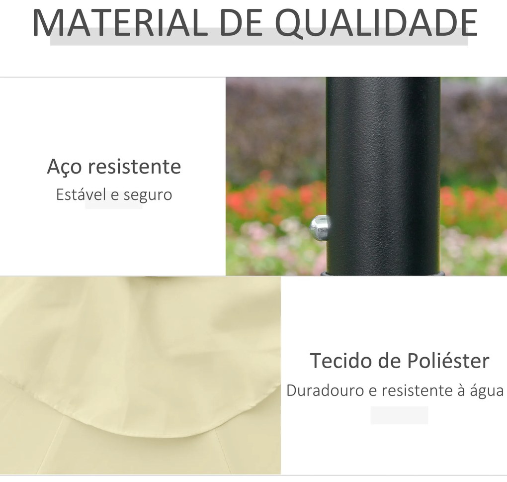 Outsunny Chapéu de Sol com 32 Luzes LED Solares Ø265x233cm Chapéu de Sol Inclinável com Manivela e Mastro de Aço para Terraço Pátio Exterior Bege