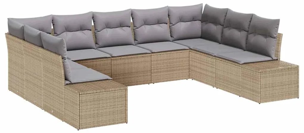vidaXL Conjunto de Sofá de Jardim com 9 Peças e Almofadas Bege de Rattan Sintético