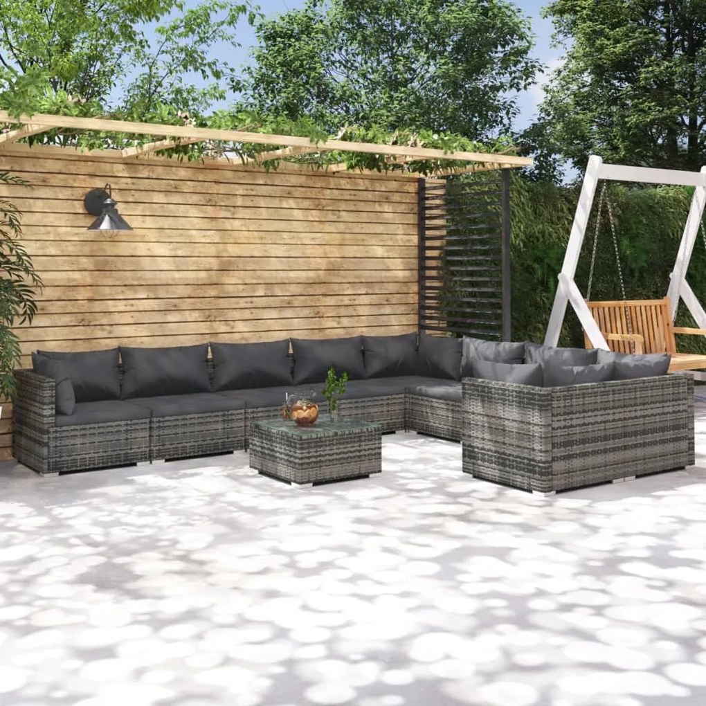 vidaXL 10 pcs conjunto lounge de jardim c/ almofadões vime PE cinzento